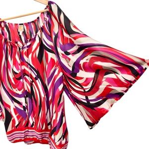 JM Collection Abstract Boho Peasant Top XL Pink Red Purple Whimsical Bell Sleeve